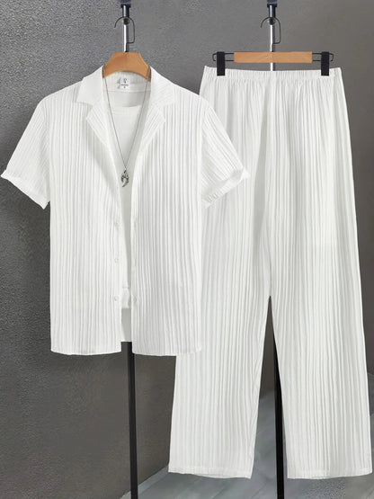 Men's Plain Textured Loungewear Set, Casual Button-Down Shirt & Elastic-Waist Pants (excludes T-shirt and necklace)