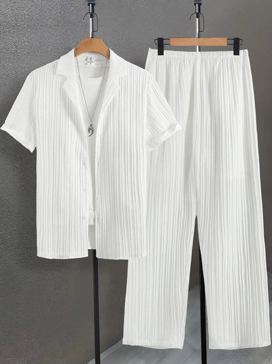 Men's Plain Textured Loungewear Set, Casual Button-Down Shirt & Elastic-Waist Pants (excludes T-shirt and necklace)