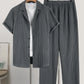 Men's Plain Textured Loungewear Set, Casual Button-Down Shirt & Elastic-Waist Pants (excludes T-shirt and necklace)
