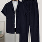Men's Plain Textured Loungewear Set, Casual Button-Down Shirt & Elastic-Waist Pants (excludes T-shirt and necklace)