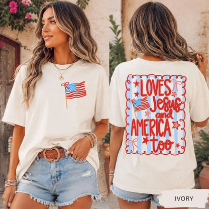 She Loves Jesus and America Too T Shirt, 4th of July Patriotic Coquette Bow Tee, USA Flag Preppy Red White Blue Shirt, Christian Gift for Women