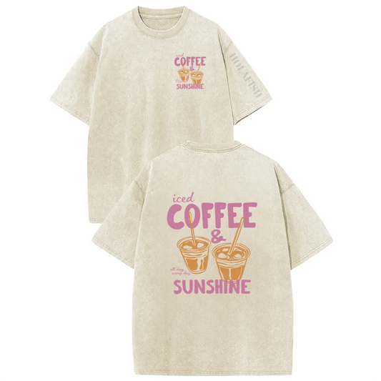 Oversize Acid Wash Vintage "Iced Coffee & Sunshine" Pattern T-Shirt, Coffee Lover Casual Graphic Tee