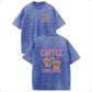 Oversize Acid Wash Vintage "Iced Coffee & Sunshine" Pattern T-Shirt, Coffee Lover Casual Graphic Tee