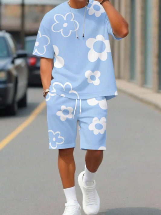 Men's 3D Printed Floral Short Sleeve Top and Shorts Matching Two-Piece Set, Fitted Outfit Sets, Casual Fitted Design, All over Print, Summer Fashion, Menswear