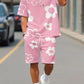 Men's 3D Printed Floral Short Sleeve Top and Shorts Matching Two-Piece Set, Fitted Outfit Sets, Casual Fitted Design, All over Print, Summer Fashion, Menswear