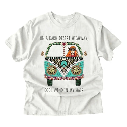 Vibrant Bohemian Graphic T Shirt for Women Featuring Hippie Bus and Desert Scene with Dark Desert Highway Quote