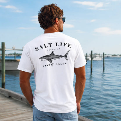 Salt Life Livin Salty Shark Fishing T Shirt , Breathable Offshore Angler Tee, Ocean Lifestyle Top