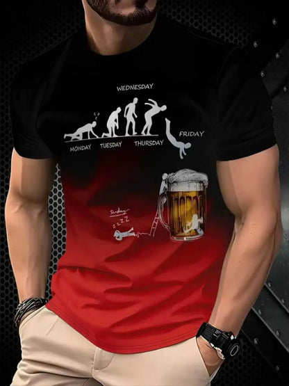 3D Printed Beer Evolution Pattern T-Shirt, Humorous Monday-Friday Design, Gradient/ Casual Short Sleeve, Durable Print Quality