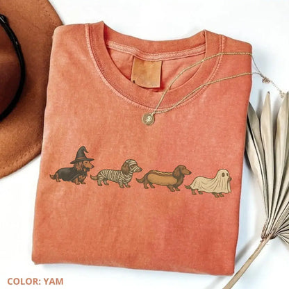 Vintage Art Style Dachshund T-Shirt, Halloween Costume Tee, Gift for Weenie Dog Owners Unisex Garment-Dyed Doxie Halloween