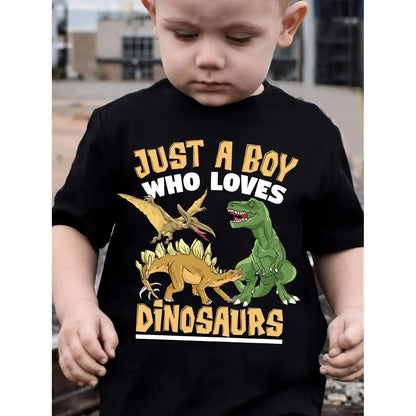 Boys' Summer Animal Graphic Tee - 'Just A Boy Who Loves Dinosaurs' Letter Graphic, Cute Basic Tee