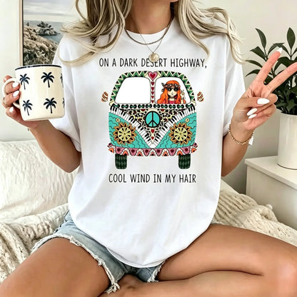 Women's Plus Size Casual Round Neck Boho Graphic Tee, Bohemian Hippie Bus Desert Scene & Dark Highway Quote T Shirt