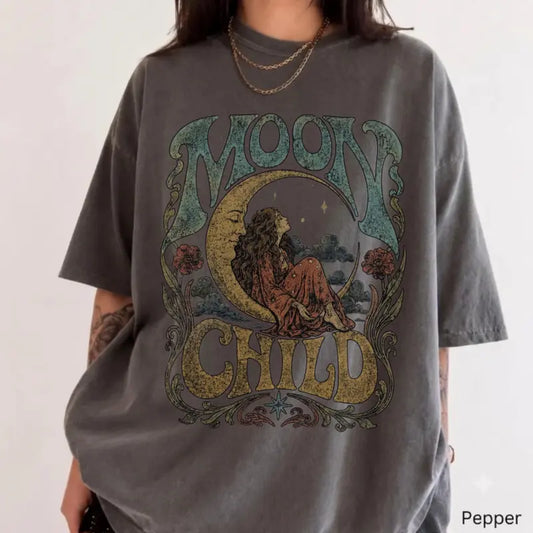 Moon Child Shirt, Celestial Boho Graphic Tee, Vintage Psychedelic Moon T-Shirt, 70s Retro Hippie Tee, Mystical Bohemian Apparel