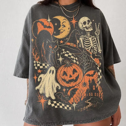 Retro Halloween Shirt, Y2K Tee, Vintage Black Cat Ghost Skeleton T-Shirt, Spooky Cute Pumpkin Witch Graphic Tee