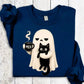 Ghost Holding Black Cat Sweatshirt, Meh Coffee Ghost Halloween Sweatshirt, Funny Spooky Cat Hoodie, Cute Halloween Graphic Tee, Fall Autumn Spooky Season Outfit, Halloween Party Apparel, Gift for Women & Men