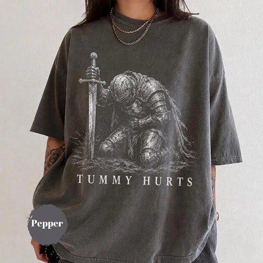 Tummy Hurts Knight Shirt, Funny Fantasy Meme Tee, Retro Dark Humor Graphic T-Shirt, Medieval Adventure Apparel