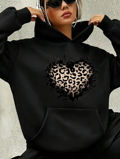 Women's Vintage Distressed Leopard Print Heart Graphic Hoodie - Long-Sleeve Cotton Blend Oversized Ink Splash Cute Top