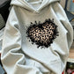Women's Vintage Distressed Leopard Print Heart Graphic Hoodie - Long-Sleeve Cotton Blend Oversized Ink Splash Cute Top