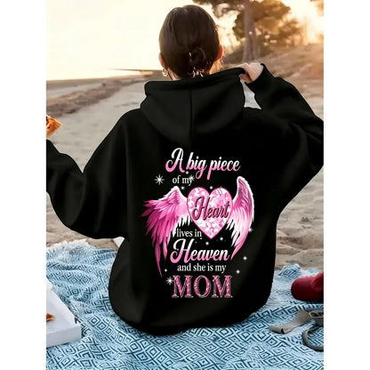 Women A Big Piece Of My Heart Lives In Heaven Mom Memorial Back Print Hoodie, Pink Angel Wing Heart Graphic Hooded Sweatshirt, Fall Remembrance Gift Hoodie