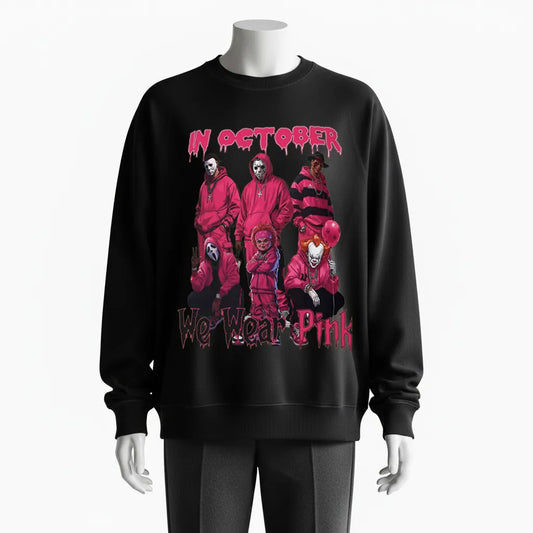 In October We Wear Pink Horror Characters Halloween Sweatshirt