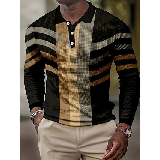Stylish Color-Block Long Sleeve Polo Shirt