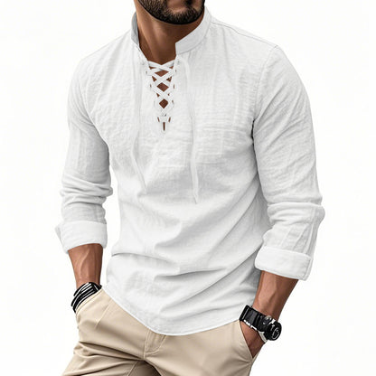 Urbntees Men's Cotton Linen Henley Shirt Lace-Up Collar Hippie Beach Casual Long Sleeve