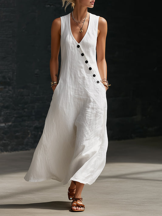 Boho Maxi Dress - Perfect for Beach, Vacation & Brunch! Sleeveless V-Neck Button Detail Casual Dress with Pockets