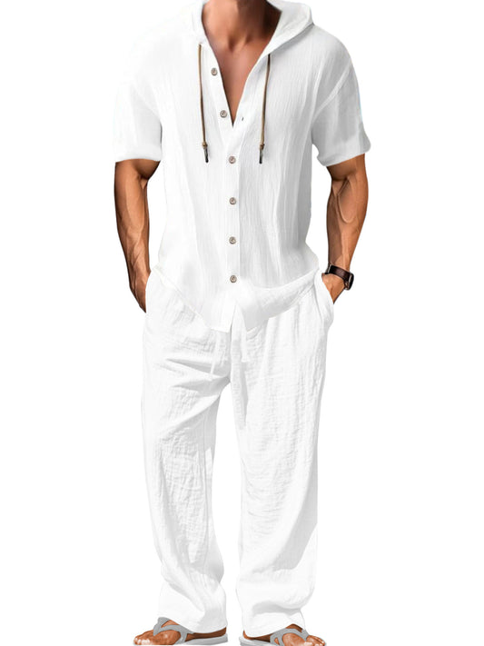 Men’s lightweight two-piece set with a hood, casual vacation style, loose and breathable thin fabric, hooded sweatshirt and wide-leg pants, for summer wear