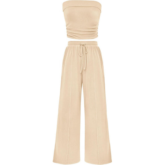 Womens Summer Outfits 2 Piece Sets Casual Ribbed Knit Crop Tube Top Wide Leg Pants Spring Matching Lounge Set