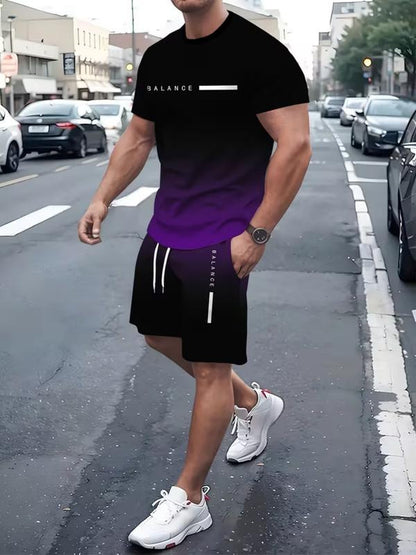 Men's Gradient Fitness Short Sleeve Set, Summer Trendy Sportswear Casual Two-Piece, Fitted Tee and Shorts