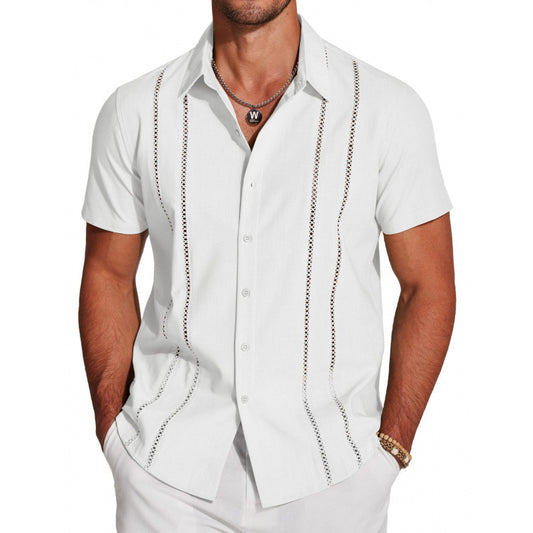 Men's Cuban Guayabera Shirt Short Sleeve V-Neck Button Down Casual Summer Beach Linen Top Fitted Breathable Soft Fabric