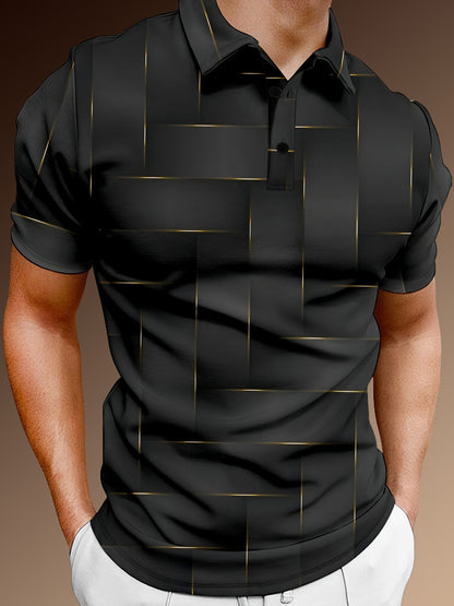 Men's Luxury Gold Grid Pattern Polo Shirt Slim Fit Casual T-Shirt