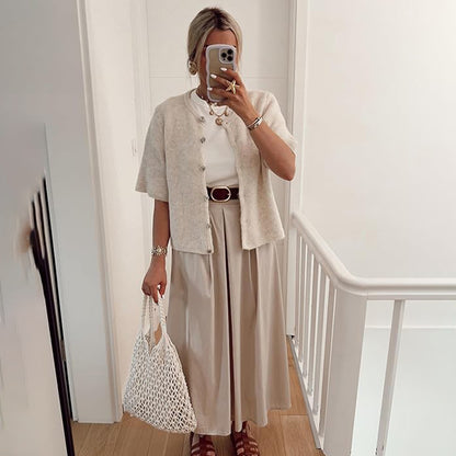 Women's Short Sleeve Cardigan Sweater - Crew Neck, Soft Ribbed Knitting Fabric, Button-Down, Fitted, Lightweight Breathable Clothes for Casual Office, Spring Summer Layering Cover Up