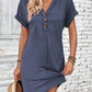 Women's Plain Button-Down V-Neck T-Shirt Dress, Casual Chic Outfit: Short-Sleeve Batwing-Sleeve Summer Dress, Fashionable Women's Dress, Casual Wear