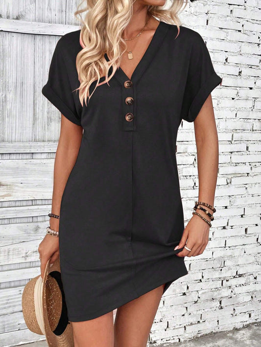 Women's Plain Button-Down V-Neck T-Shirt Dress, Casual Chic Outfit: Short-Sleeve Batwing-Sleeve Summer Dress, Fashionable Women's Dress, Casual Wear