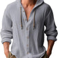 Men's Fashion Casual Beach Hooded Long Sleeve Fitted Shirt, Breathable Lightweight Linen Shirt