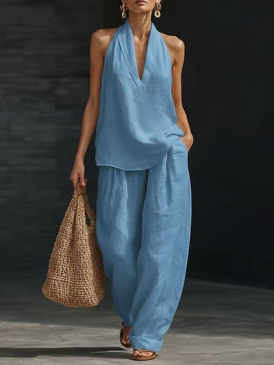 Boho Halter Neck Two Piece Set - Perfect for Beach, Vacation & Brunch! Sleeveless Top Wide Leg Pants Set