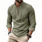 Urbntees Men's Cotton Linen Henley Shirt Lace-Up Collar Hippie Beach Casual Long Sleeve