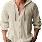 Men's Fashion Casual Beach Hooded Long Sleeve Fitted Shirt, Breathable Lightweight Linen Shirt