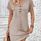 Women's Plain Button-Down V-Neck T-Shirt Dress, Casual Chic Outfit: Short-Sleeve Batwing-Sleeve Summer Dress, Fashionable Women's Dress, Casual Wear