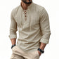 Urbntees Men's Cotton Linen Henley Shirt Lace-Up Collar Hippie Beach Casual Long Sleeve