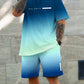 Men's Gradient Fitness Short Sleeve Set, Summer Trendy Sportswear Casual Two-Piece, Fitted Tee and Shorts