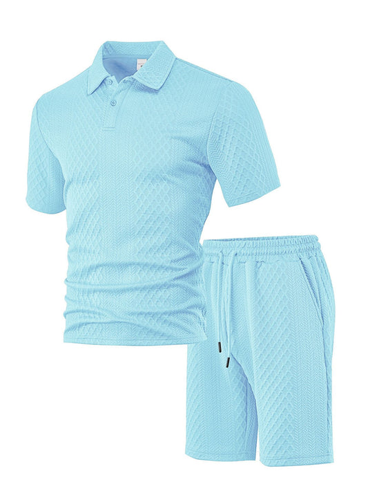 Urbntees Men's Solid Polo Shirt & Drawstring Waist Shorts Set, Cozy Breathable Two-piece Outfits for Daily Outdoor Wear, Men Clothes for Summer