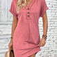 Women's Plain Button-Down V-Neck T-Shirt Dress, Casual Chic Outfit: Short-Sleeve Batwing-Sleeve Summer Dress, Fashionable Women's Dress, Casual Wear