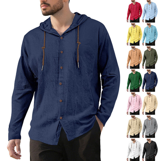 Men's Fashion Casual Beach Hooded Long Sleeve Fitted Shirt, Breathable Lightweight Linen Shirt