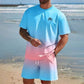 Men's Gradient Fitness Short Sleeve Set, Summer Trendy Sportswear Casual Two-Piece, Fitted Tee and Shorts