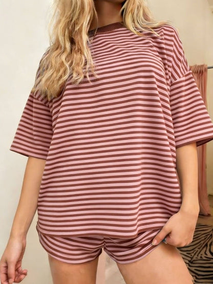 2 Spring Summer Stripe Print 2 Piece Outfit Women | Oversized T-Shirt + Drawstring Shorts