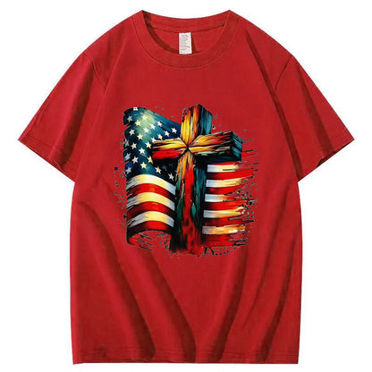 American Flag And Cross Pattern Print 100%Cotton T-Shirt