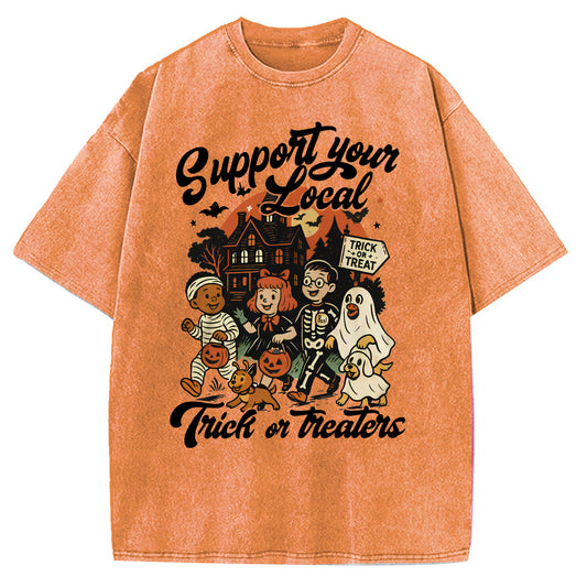 Support Your Local Trick or Treaters Pattern Washed Distressed Crew Neck 100% Cototon T-Shirt