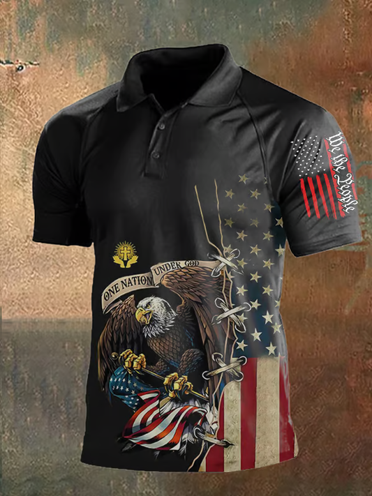 Men's Vintage Independence Day and Skull Print Button-Down Polo Shirt