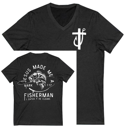 Jesus Made Me A Fisherman Pattern Print 100%Cotton V Neck T-Shirt